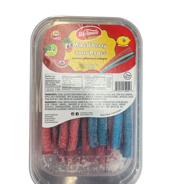 Wellmade SOUR Gummy  Mixed Berry Ropes 200g *12  Flat Tubs 