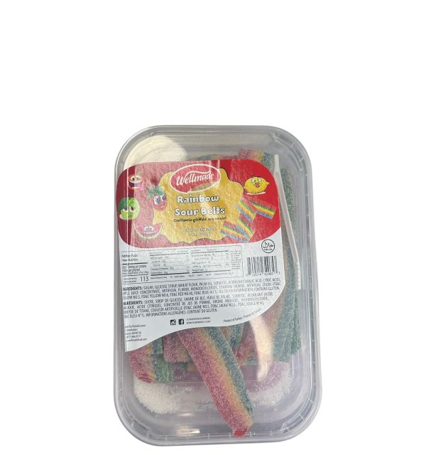 Wellmade SOUR Gummy  Rainbow Belts 200g *12  Flat Tubs 