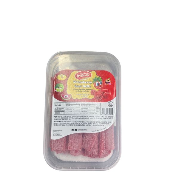 Wellmade SOUR Gummy Strawberry Belts 200g * 12   Flat Tubs 