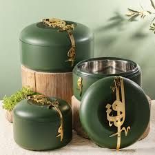 Liqaa Food Thermos Warm Serv (Set of 3) Olive Green & Gold