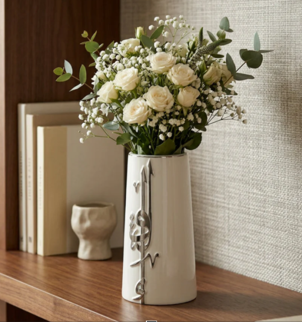 Liqa'a - Medium Decorative Vase - Pearl White & Silver