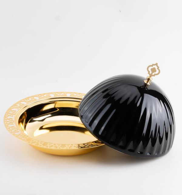 Exclusive - Large Serving Platter with Porcelain Dome- Black & Gold