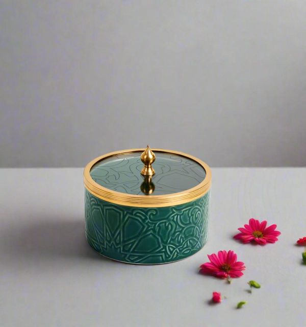 Classy Harir - Decorative Small Canister/Server - Green & Gold