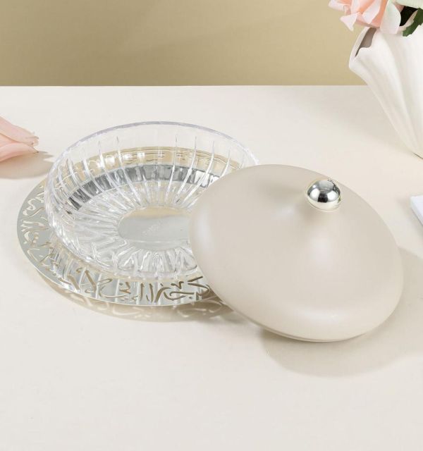 Jiwar - Medium Engraved Date & Dessert Centerpiece - Beige & Silver