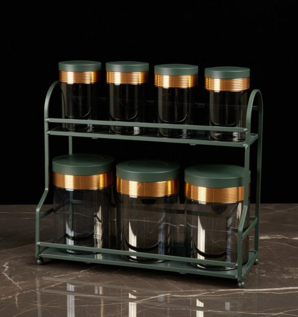 Luxury Majlis - 6 Jar Spice with 2 Tier Rack - Green & Gold
